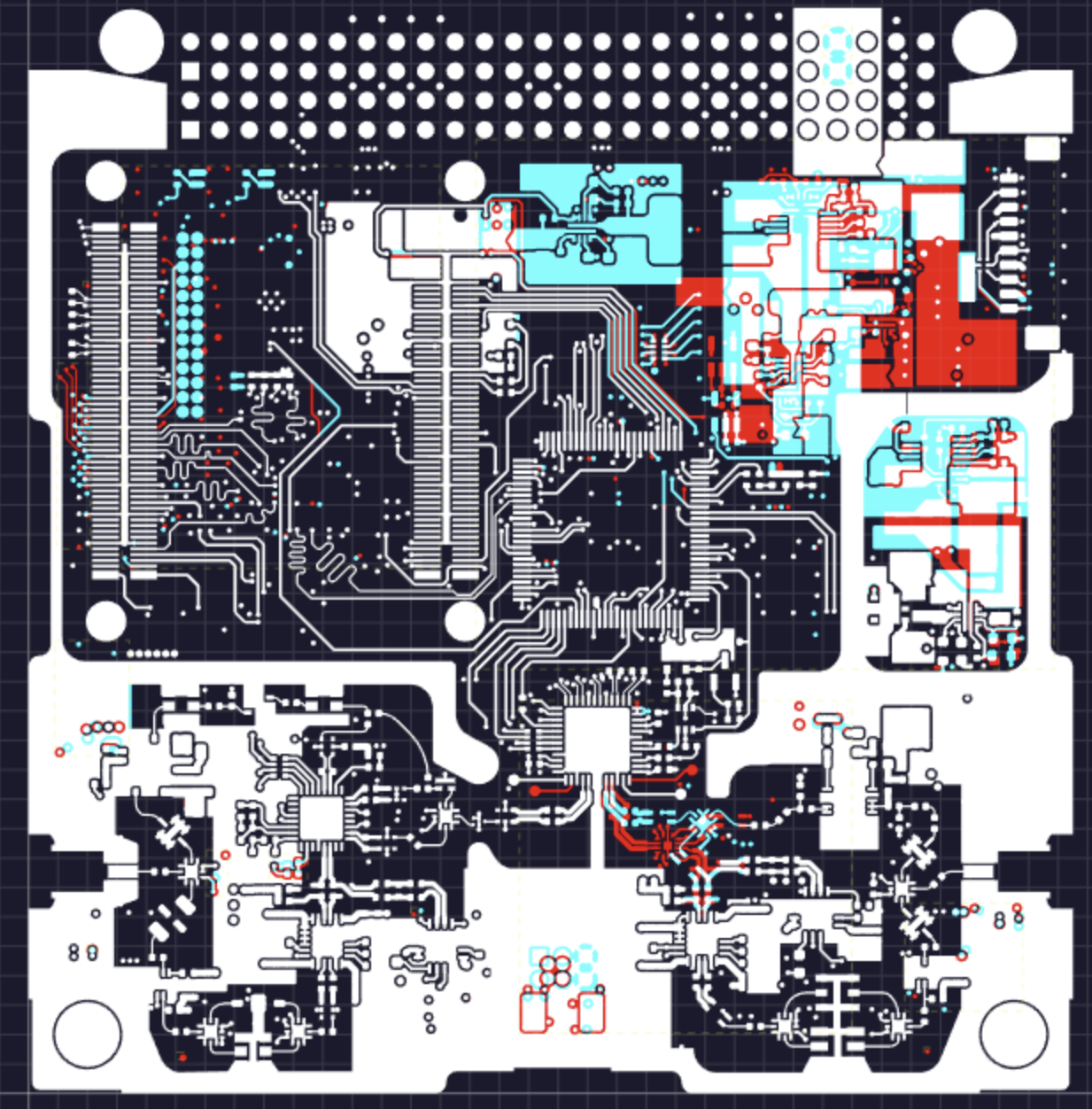 GerbDiff overlay diff of a real production PCB. Added copper highlighted in red, removed in cyan, unchanged geometry in white